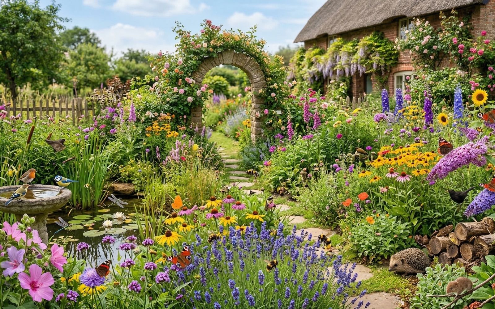 Biodiverse tuin met bloeiende planten
